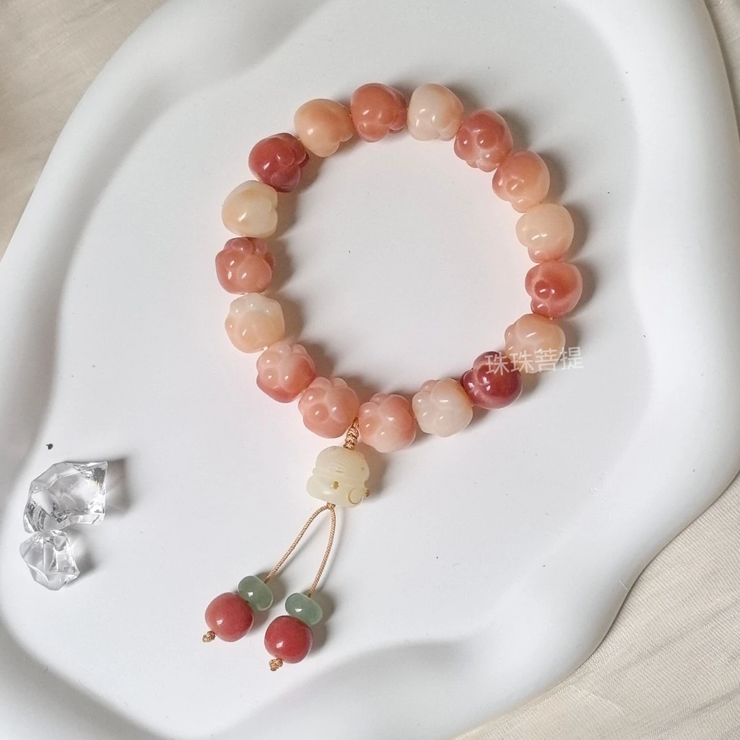 甜心猫爪菩提单圈手串 招手炭烧小猫菩提女生文玩粉色菩提根珠串