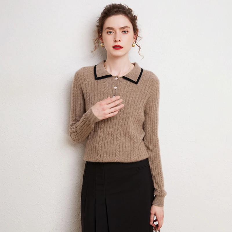 女士新品山羊绒衫扭花加厚翻领显瘦气质型秋冬外穿SP-2305