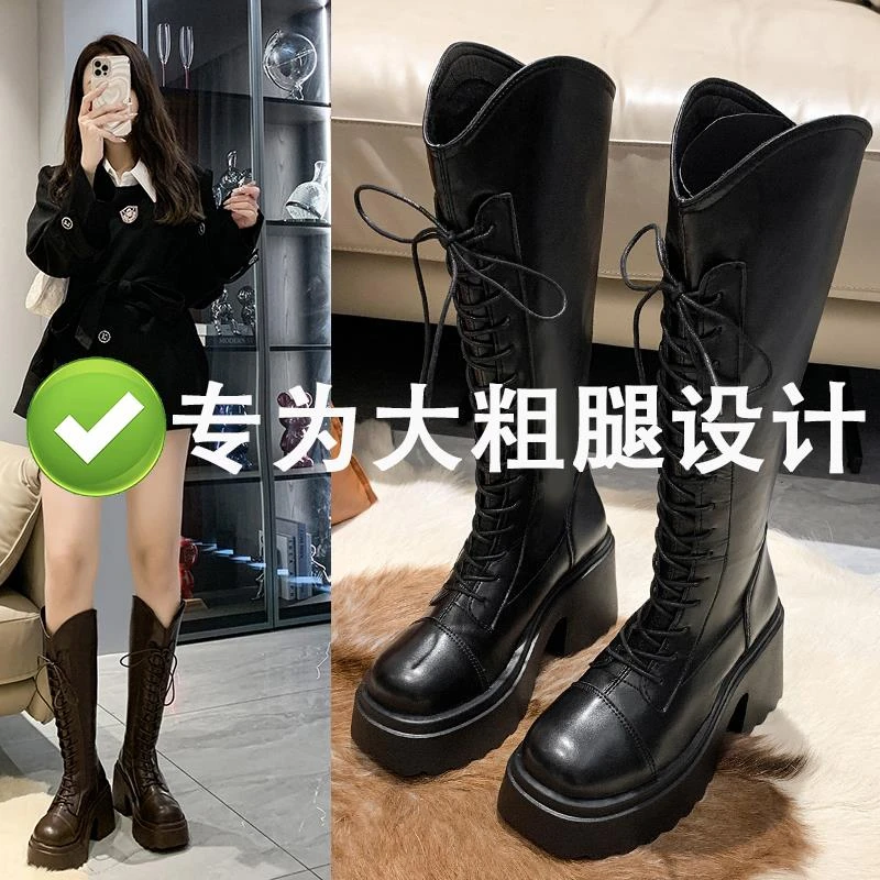 增高8cm 秋冬新款长靴胖mm粗腿骑士靴系带高筒靴大码大腿围长筒靴