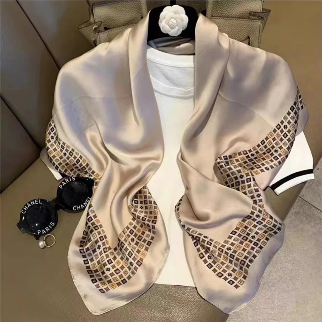 [米色方格]90*90女士丽景缎丝巾洋气轻奢时尚百搭