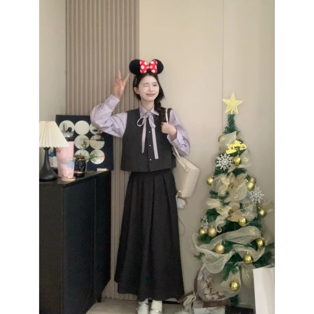 【芋泥甜心】秋季法式可拆系带衬衫短款毛呢马甲+百褶长款半裙套装