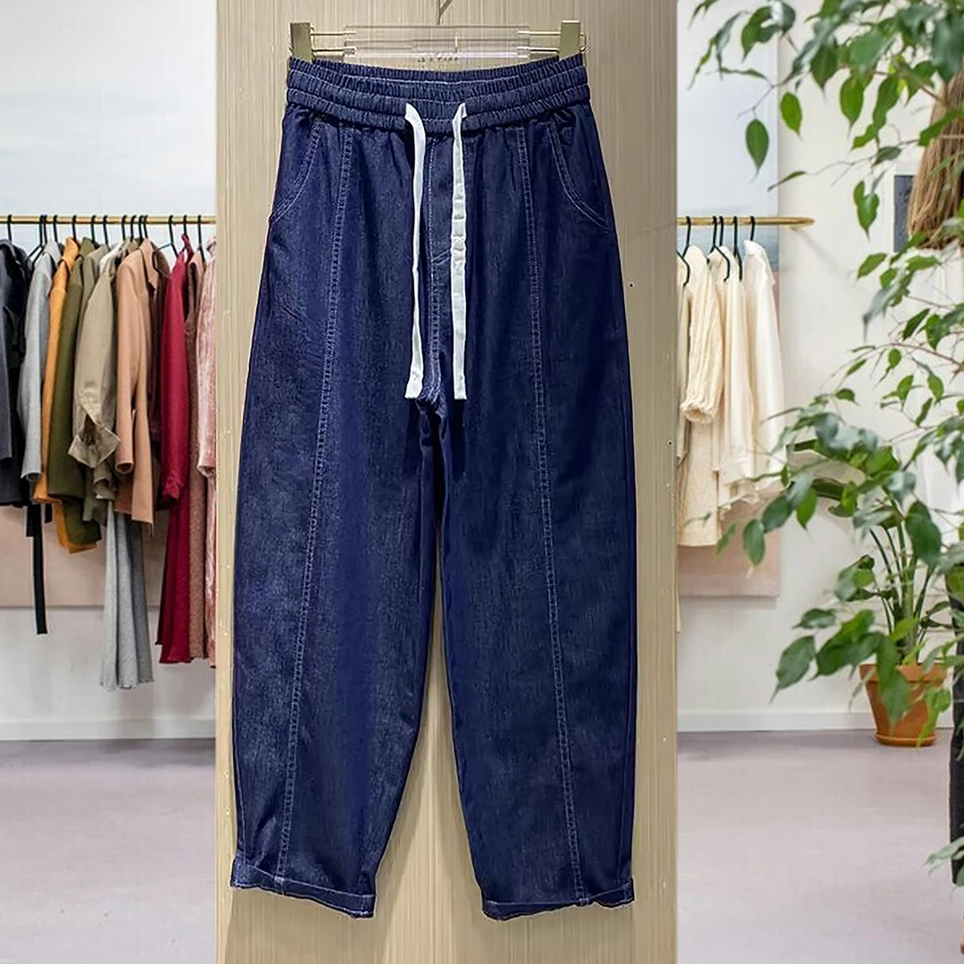 2024春夏新款薄款时尚休闲宽松老爹裤松紧腰蓝色哈伦裤