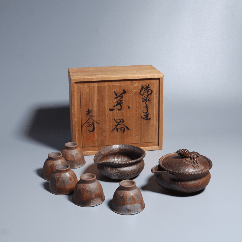 日本入江光人司中期松果摘备前烧宝瓶套组泡茶壶容量155cc