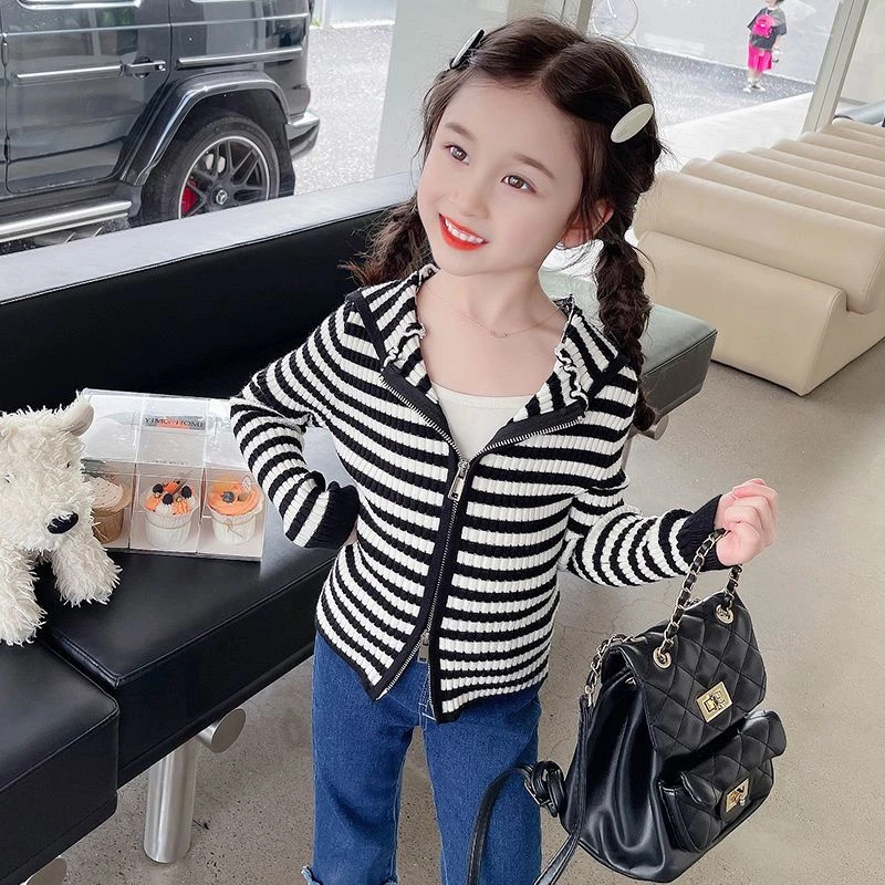 【简单穿】女童毛衣开衫外套春秋新款儿童洋气针织连帽宝宝上衣秋装