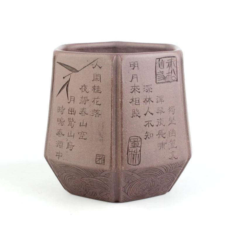 【佳慧紫砂】六方杯高温天青刻字紫砂杯 容量280cc 仇峰作品