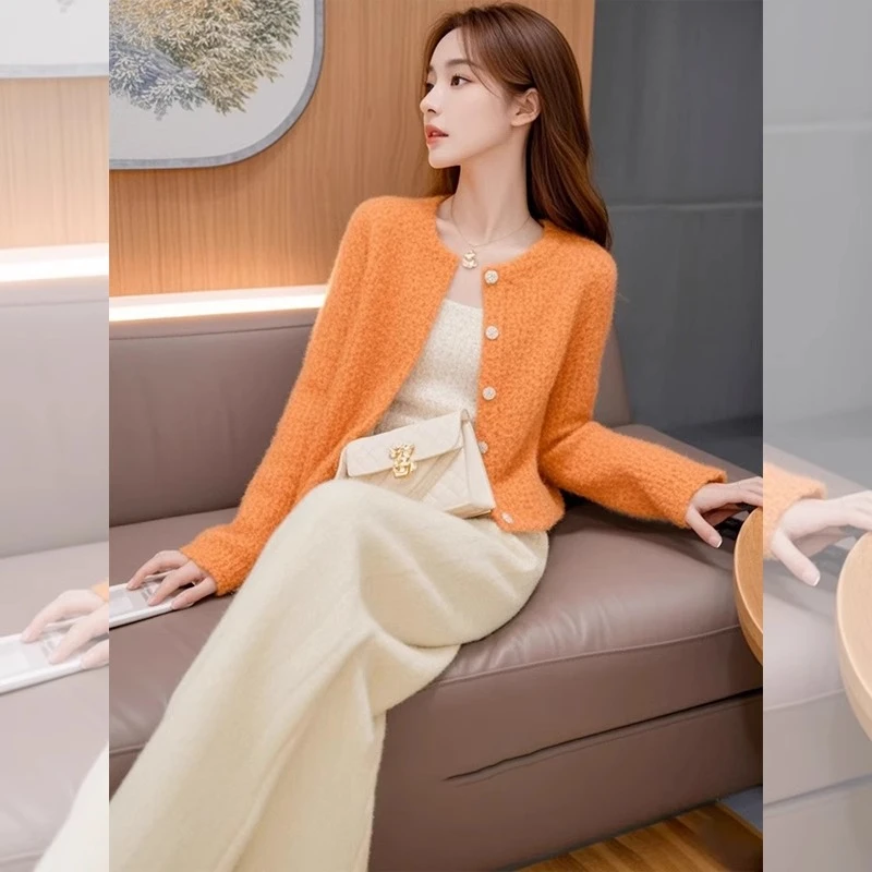 2024一整套入秋穿搭高级感气质减龄橘色针织开衫小香风两件套装裤