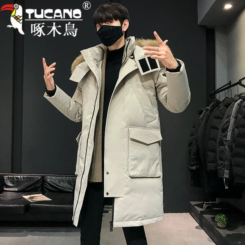 啄木鸟高端新款高品质大毛领连帽棉服冬季保暖男士夹克过膝外套男