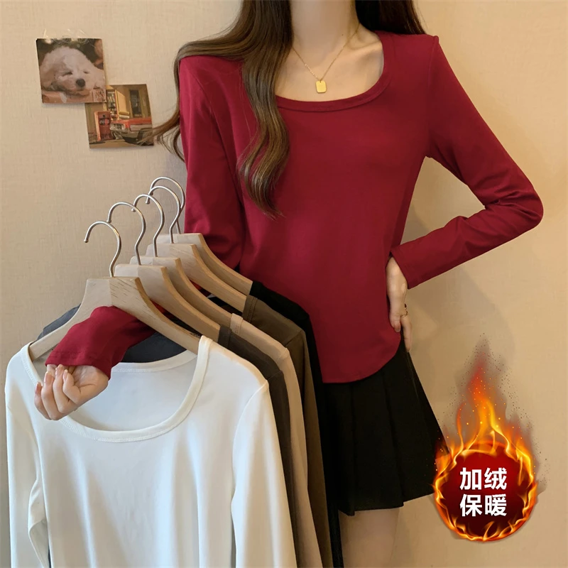 K大码磨毛加绒秋冬新款正肩长袖U领T恤女纯色打底衫小众显瘦上衣