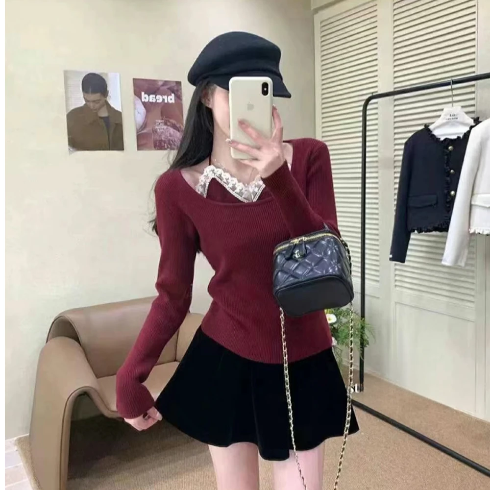 蕾丝挂脖假两件针织衫女秋冬保暖时尚设计感内搭毛衣气质显瘦