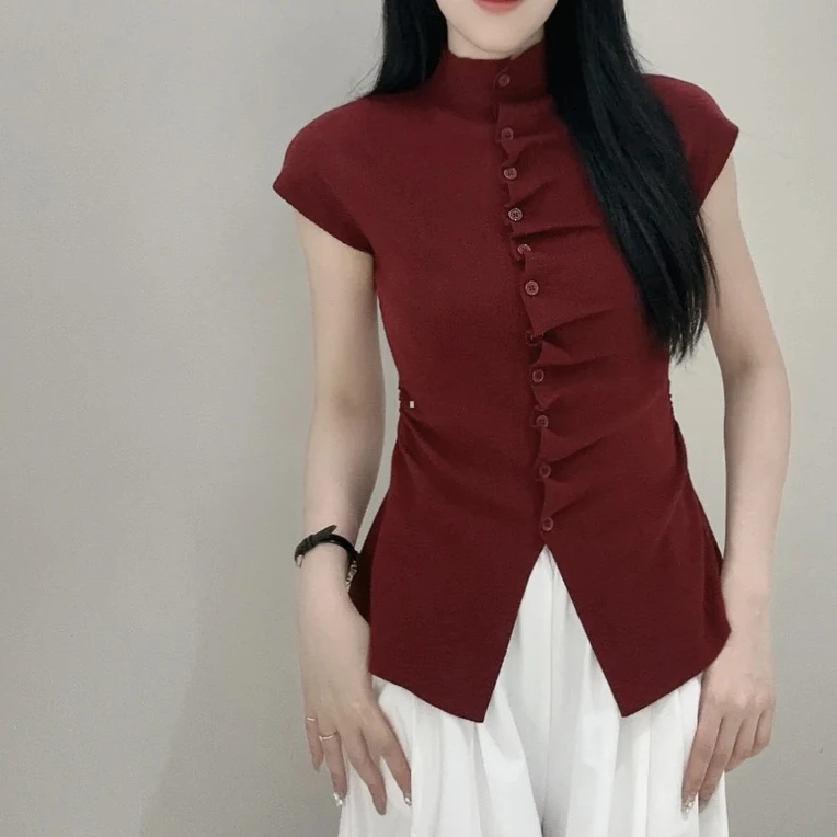 【H06】法式秋季新款女显瘦气质长款高领不规则纽扣黑色毛针织上衣