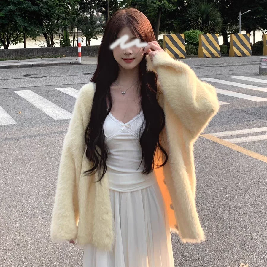 毛衣外套女秋冬针织开衫奶fufu洋气仿水貂温柔宽松慵懒上衣超火