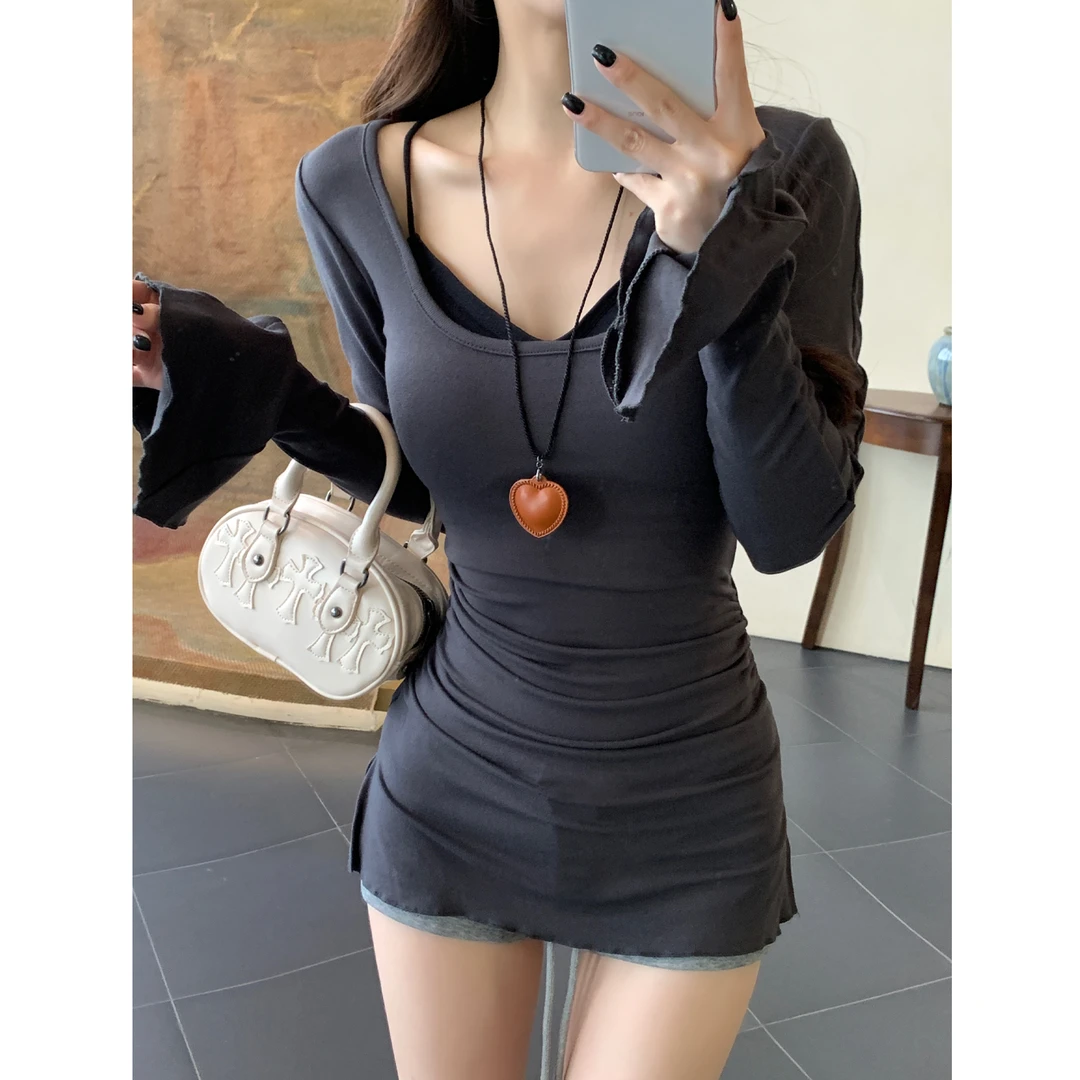 【发货超快】辣妹收腰中长款上衣女修身显瘦百搭打底衫设计感喇叭袖