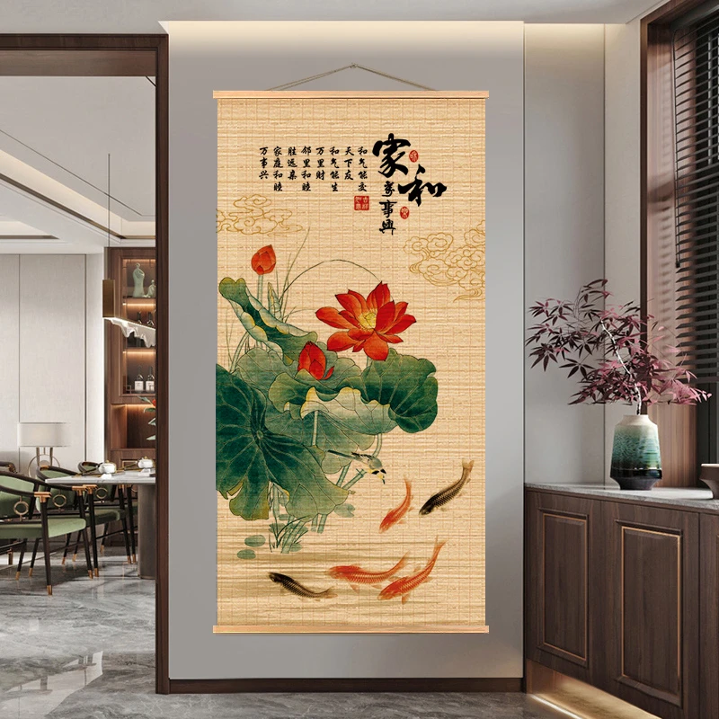 荷花新中式竹帘挂画房茶室背景玄关禅意茶室书房禅道咏荷鱼趣