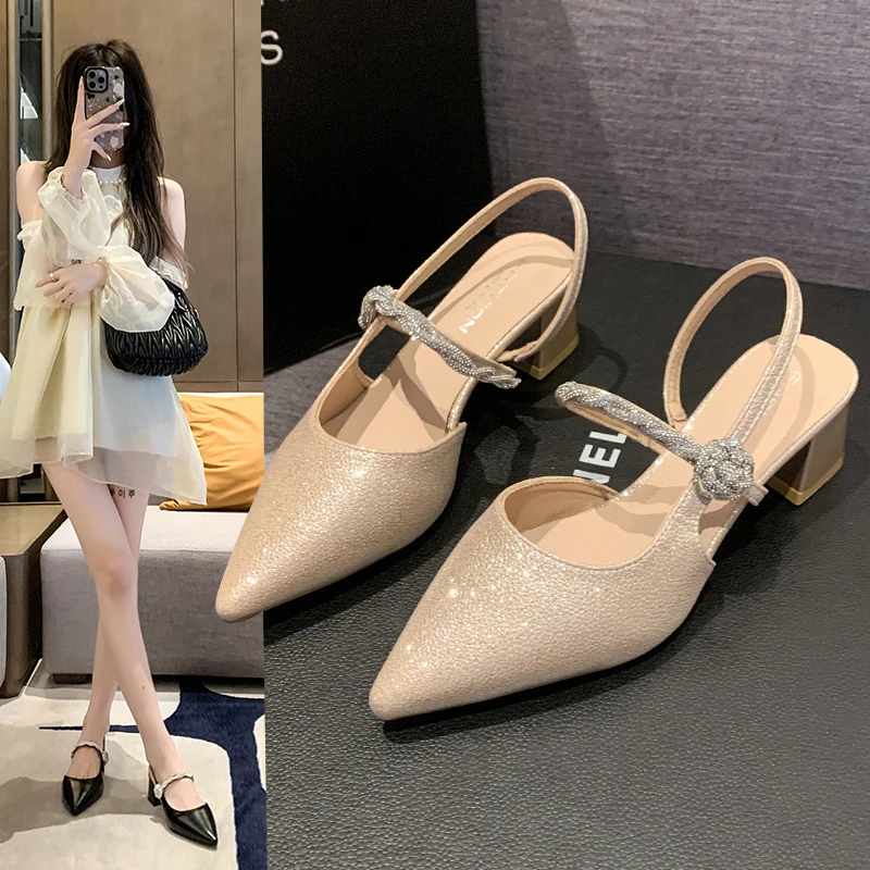 MEIZOOYUAN/魅恣沅包头凉鞋女夏季5公分气质高跟鞋尖头法式后空鞋