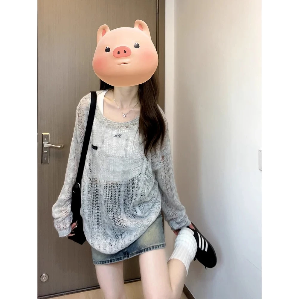 2024夏季新款镂空针织衫套头上衣女装薄款慵懒风外搭宽松长袖罩衫