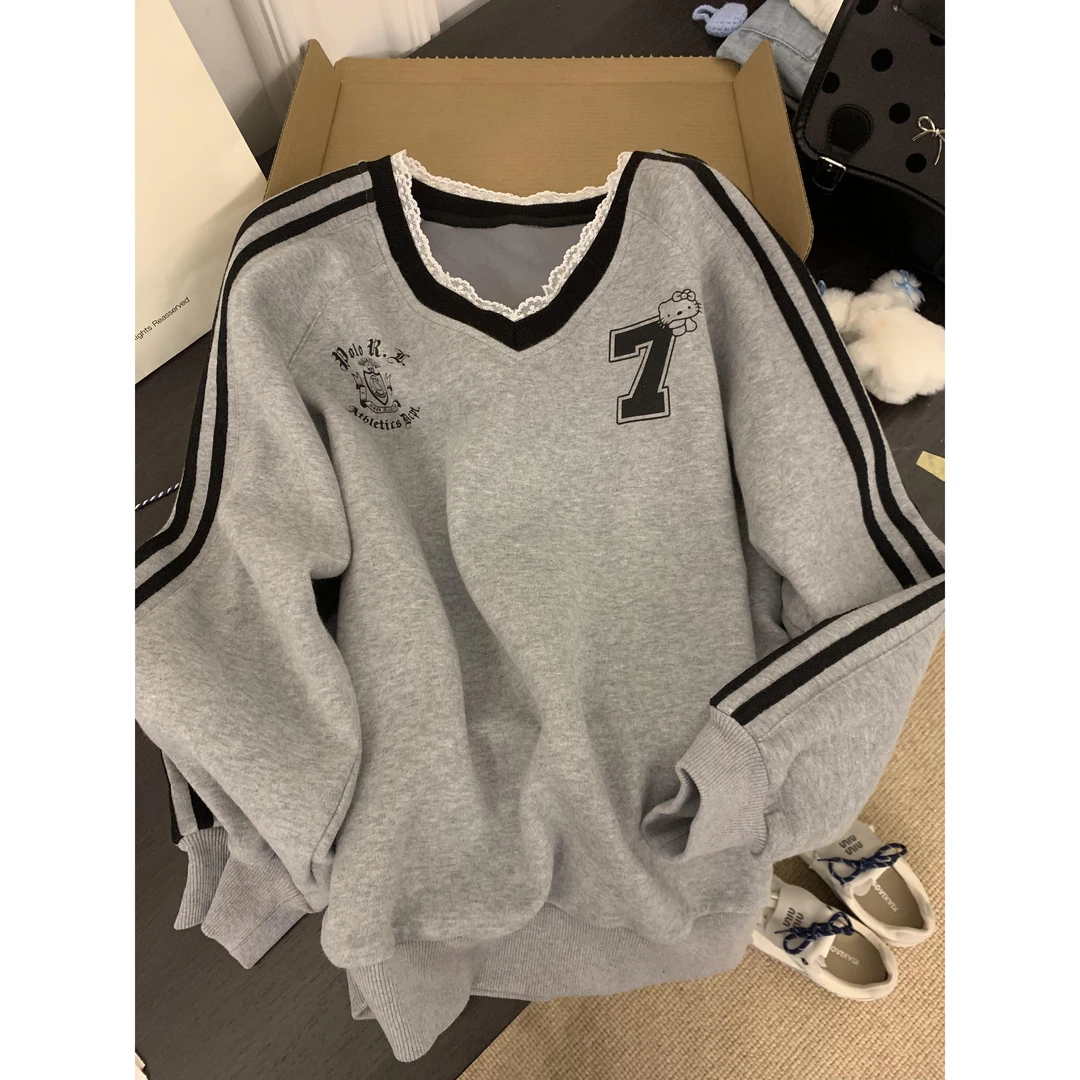 粉色杠条V领长袖卫衣外套女秋季新款蕾丝边宽松甜美百搭套头上衣