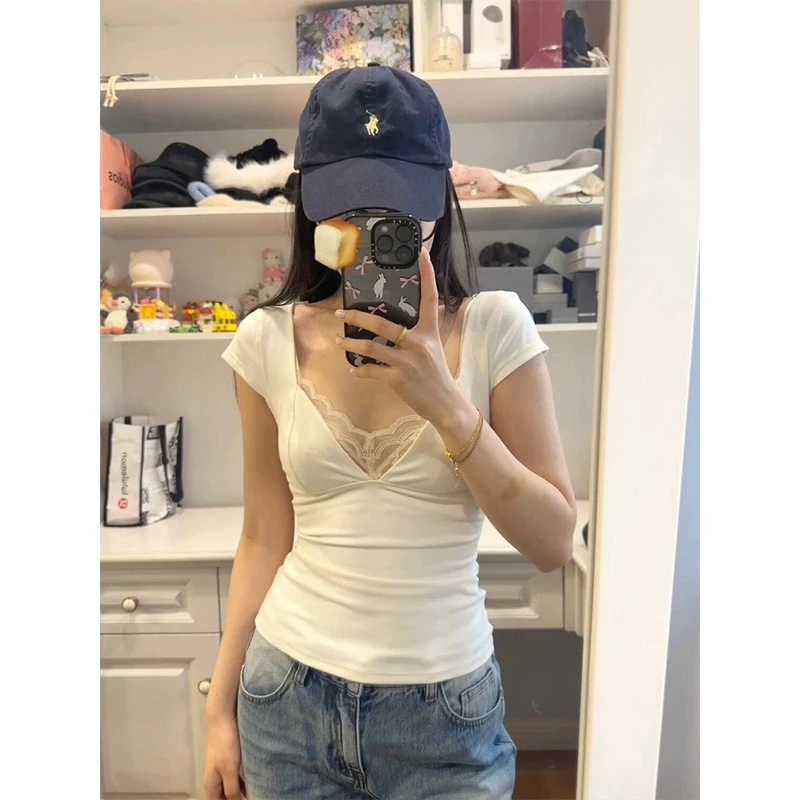 辣妹低胸V领短袖T恤女服装新款修身显瘦内搭一字肩徐秋阳服装