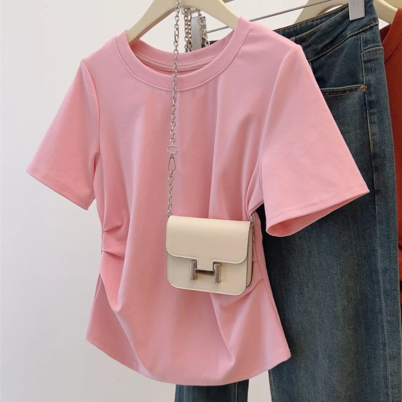 大码胖妹妹遮肚上衣显瘦藏肉夏季设计感收腰褶皱正肩百搭短袖t恤