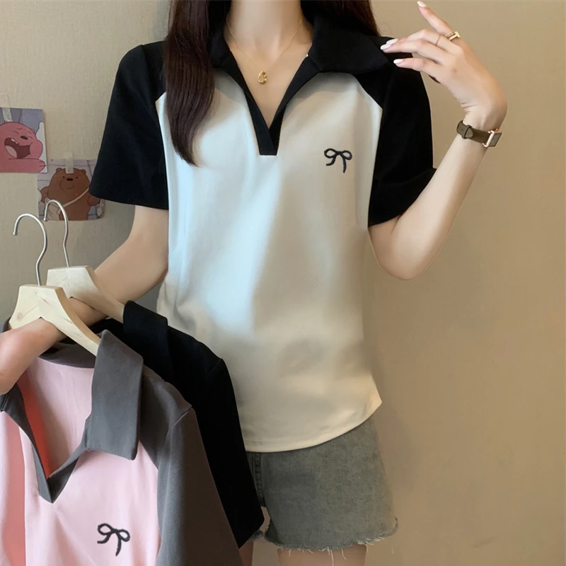 Y夏季新款胖妹妹休闲大码女装修身美式拼色polo领短袖正肩T恤上衣