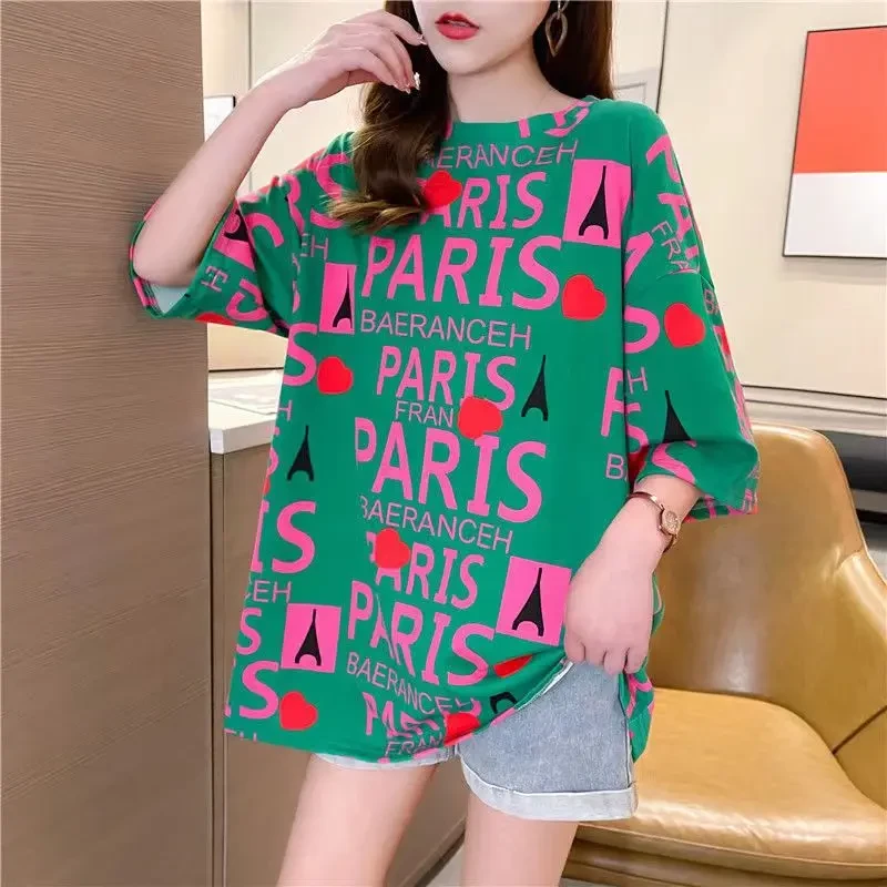 夏季宽松落肩袖T恤百搭宽松显瘦中长款设计半袖小众印花大码休闲