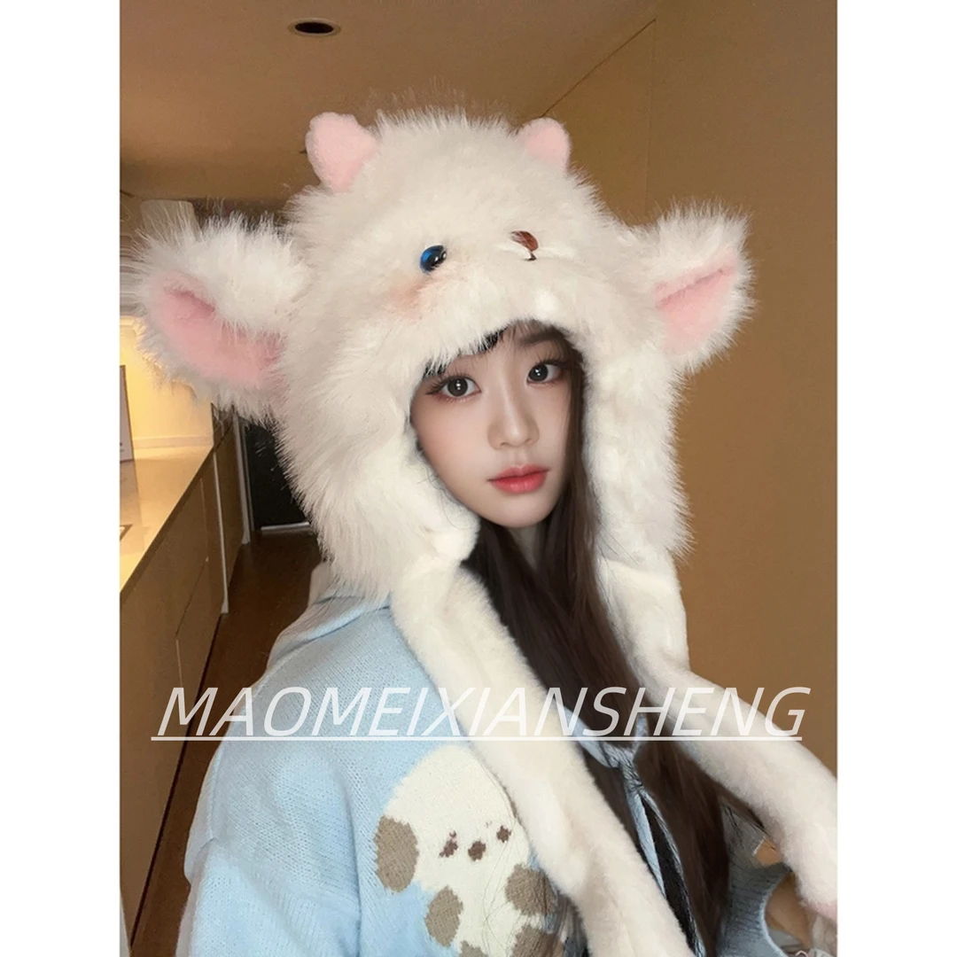 MEOMEIXIANSHENG原创卡通小羊加绒加厚毛线帽女保暖捏捏耳朵会动