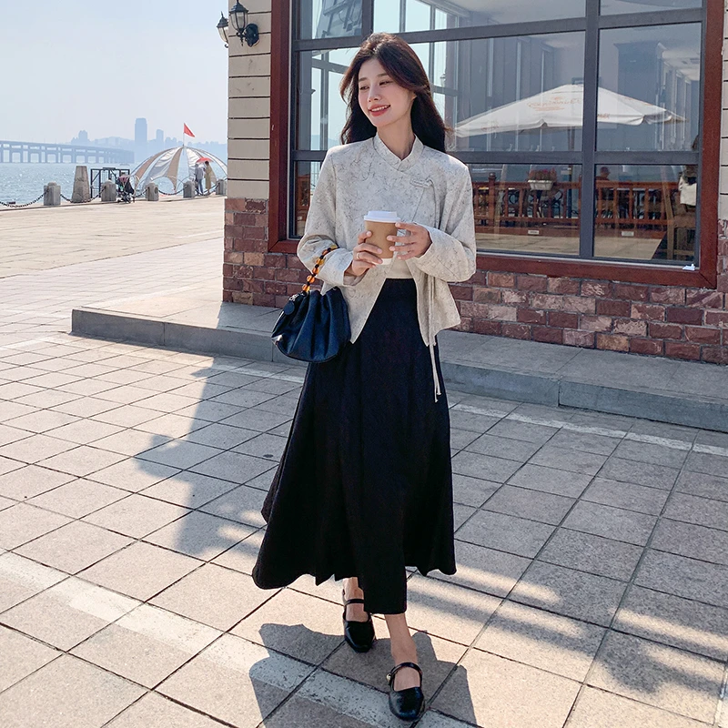 黑色国风高级感套装女2024新款一整套入秋穿搭复古上衣裙子两件套