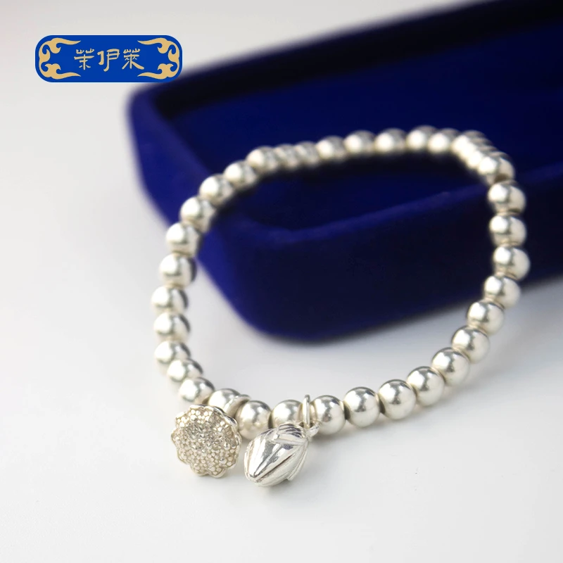 足银手链 两世欢素款弹力百搭银银珠手链古韵简约工艺光珠单圈