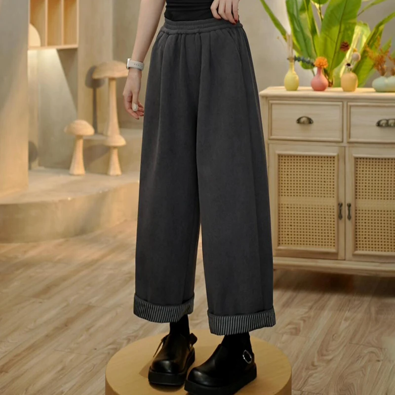 6656 冬季新款加绒加厚欧棉绒撞色个性松弛感显瘦宽松百搭休闲裤