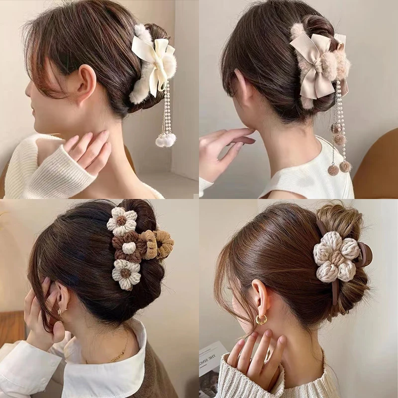 秋冬款毛绒流苏发夹蝴蝶结流苏吊坠抓夹鲨鱼夹ins高颜值毛绒发夹