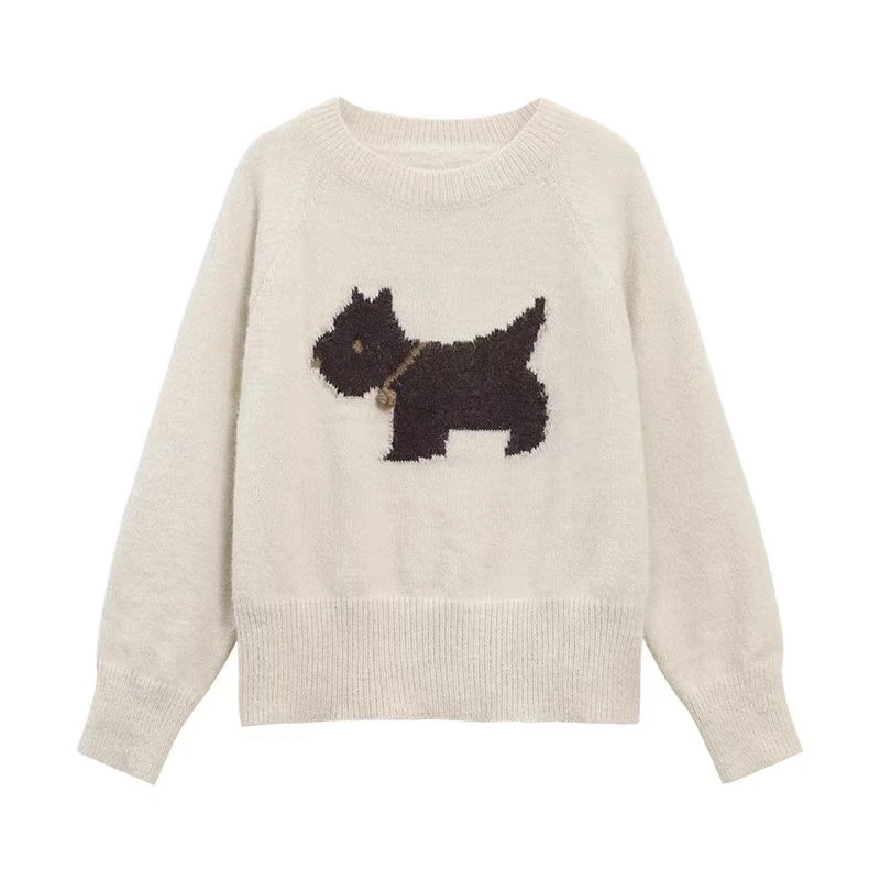 铃铛小狗休闲百搭长袖针织衫女显瘦白色套头百搭上衣Z895