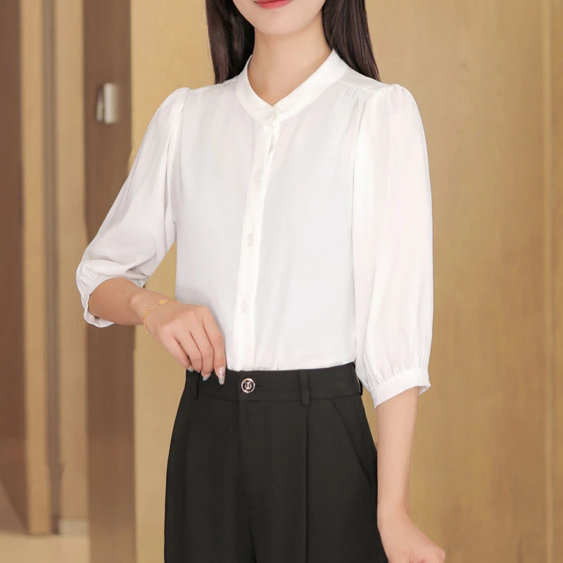 韩版新款泡泡袖气质圆领显瘦纽扣中袖衬衫TZ04383