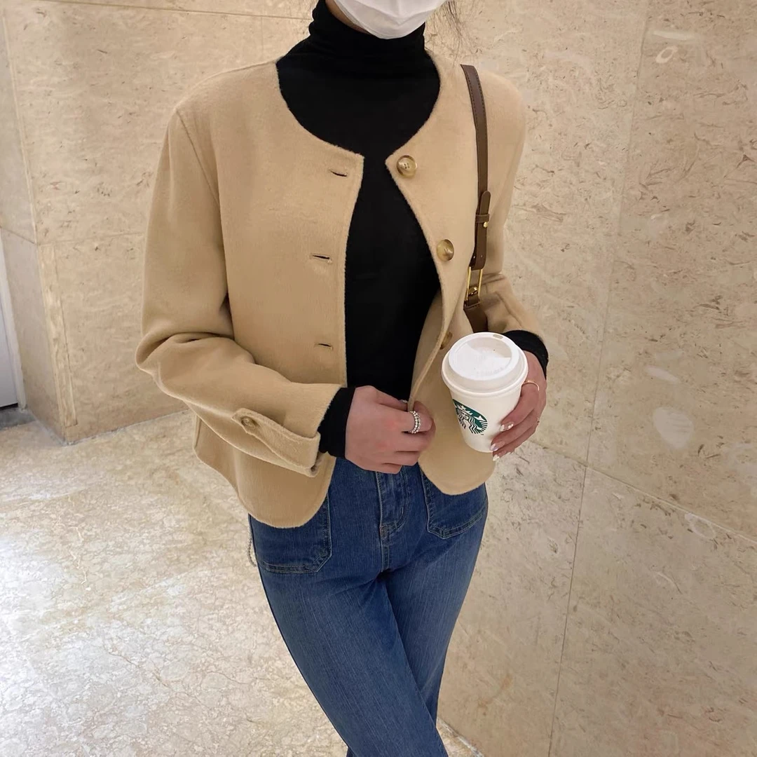 A037秋冬新品气质名媛短款双面呢大衣外套