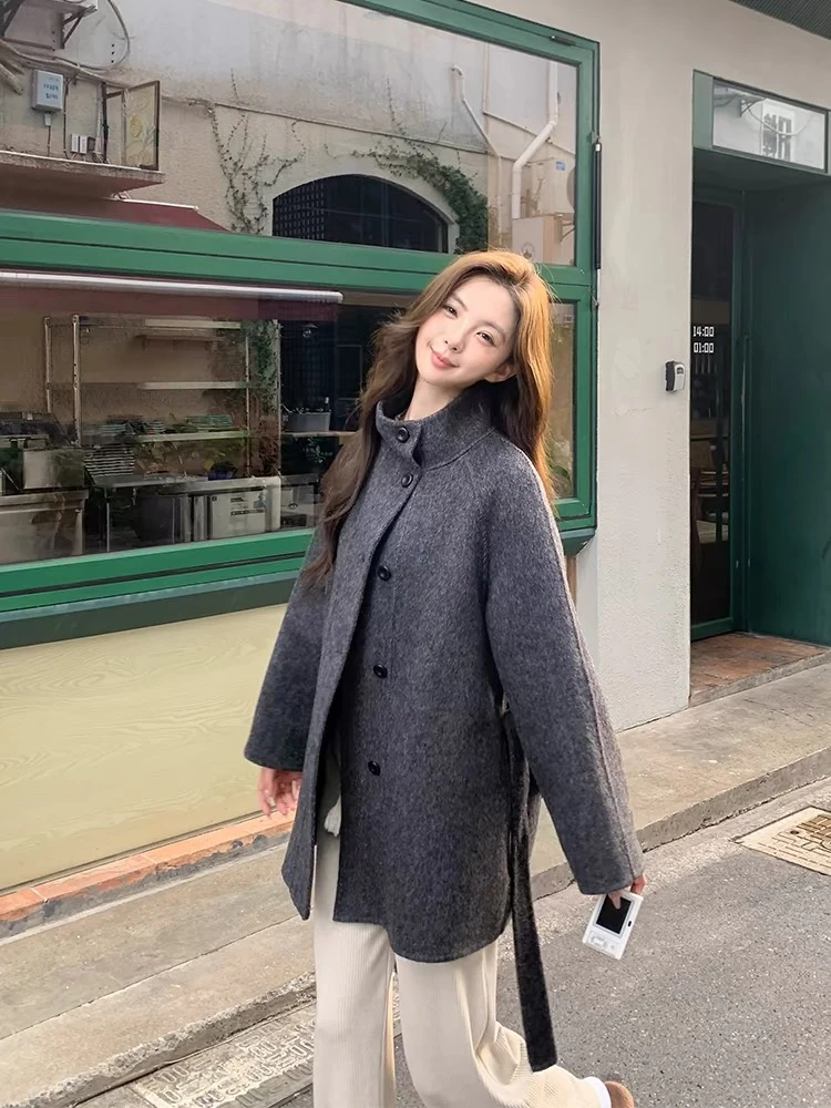 824秋冬高级感小个子中长款韩系双面呢大衣