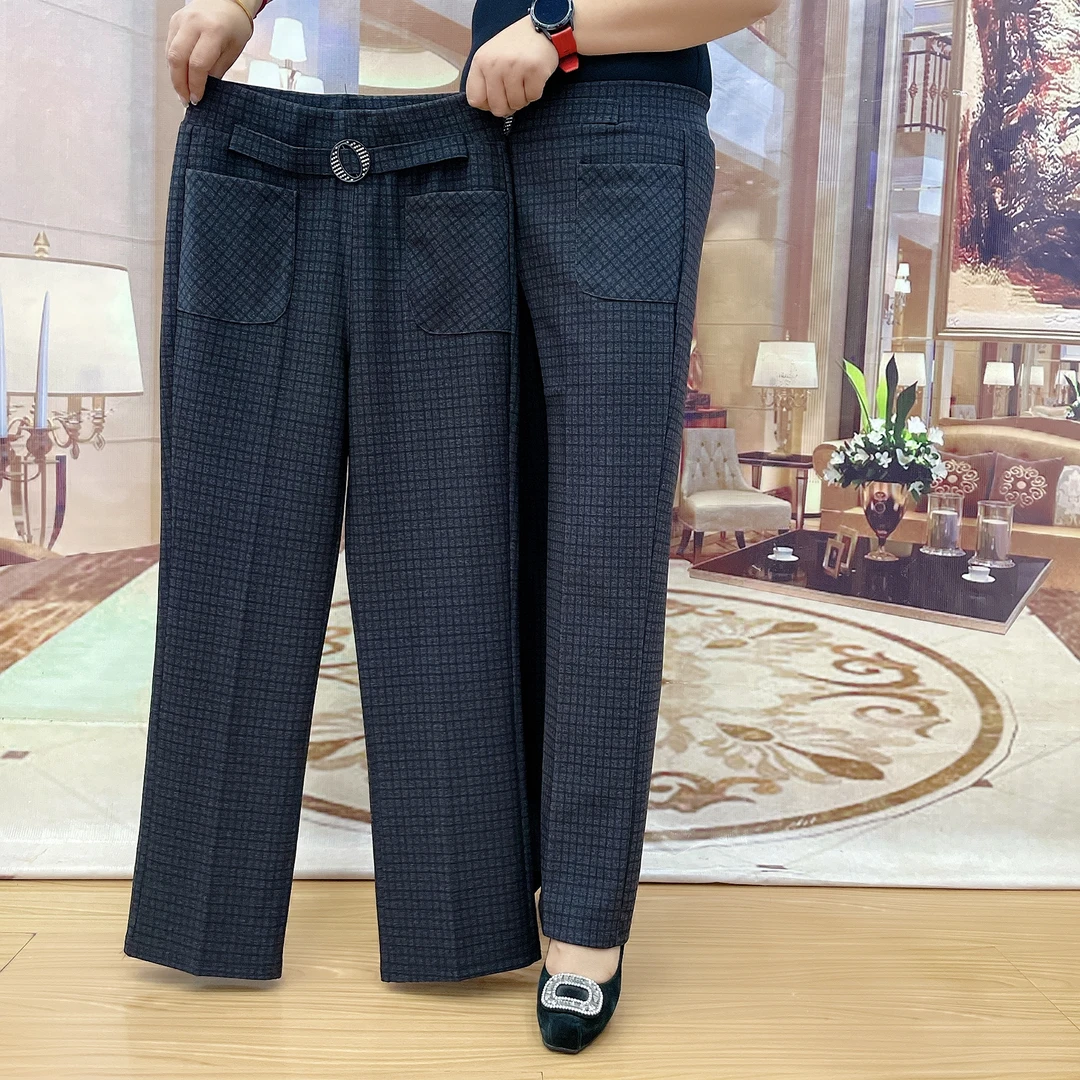2024秋季新款妈妈休闲裤中老年高腰女裤直筒裤松紧弹力宽松格子裤