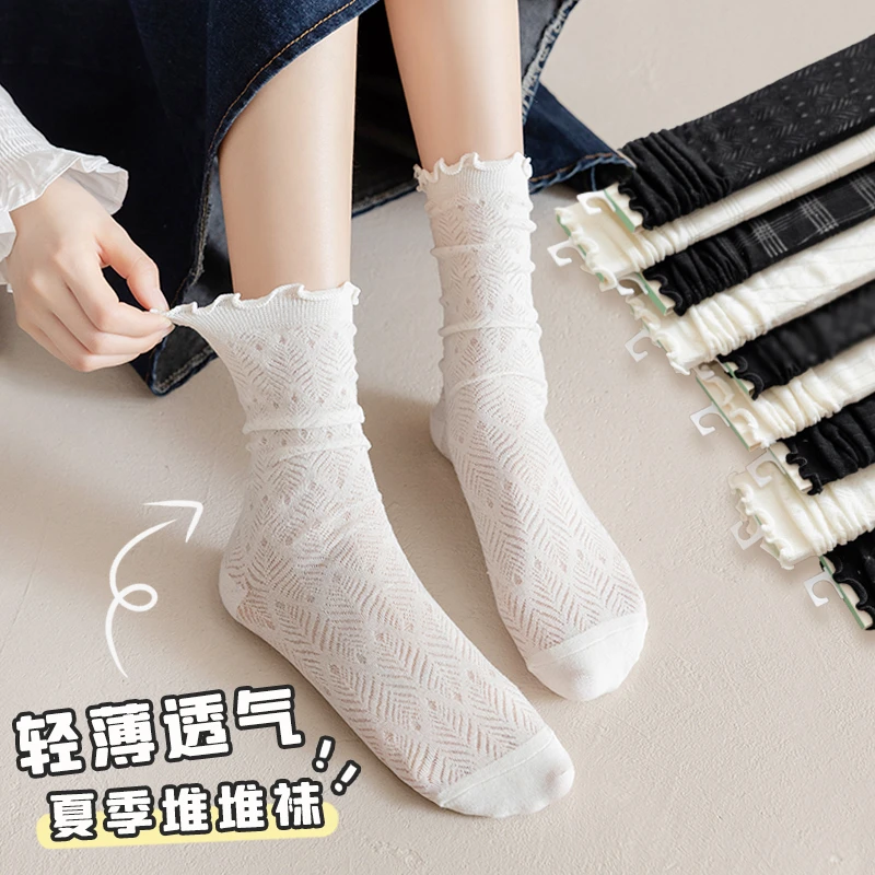 袜子女夏季薄款中筒配乐福鞋外穿网红玛丽珍白色木耳边堆堆袜夏天