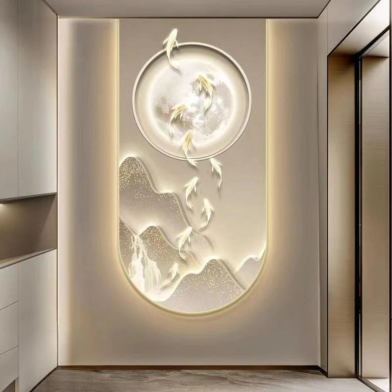 现代轻奢九鱼图玄关装饰画高档大气山水挂画简约走廊过道福字挂画