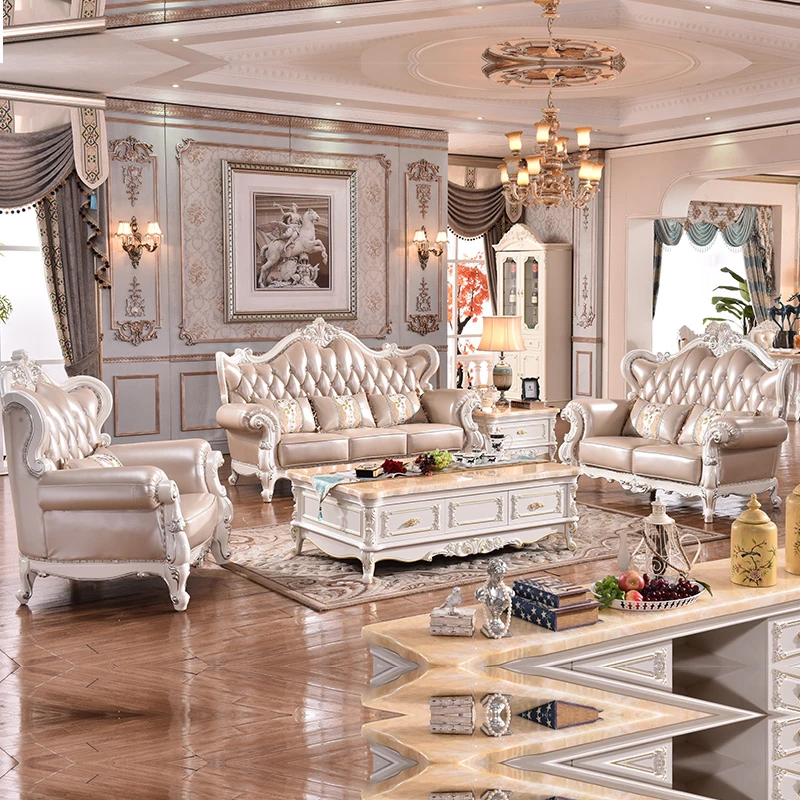 欧式真皮沙发 客厅组合沙发 法式茶几客厅三人欧式风格双面雕花