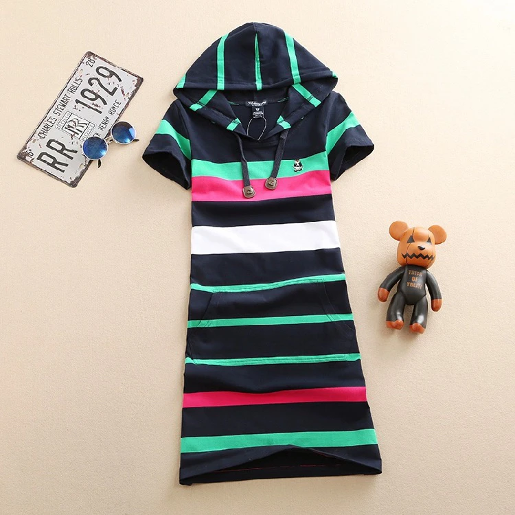 夏季新款小熊纯棉修身显瘦连帽条纹连衣裙休闲洋气女装