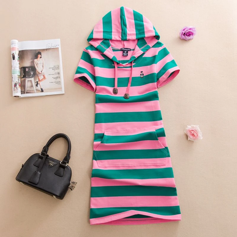 运动连衣裙2024夏季新款短袖连衣裙纯棉条纹帽衫裙大码减龄休闲裙