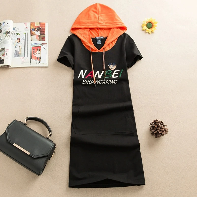 休闲运动连衣裙夏季新款韩版刺绣字母小熊连衣裙显瘦休闲A字裙