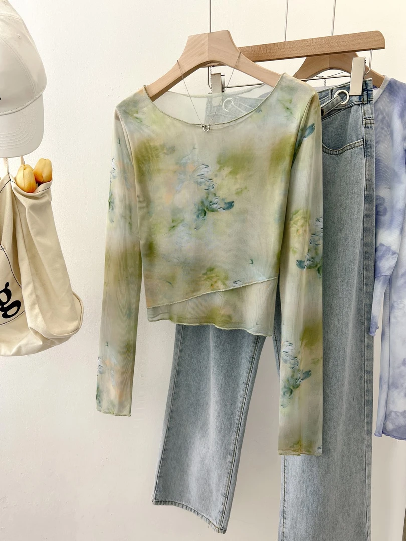 冰丝不规则长袖面膜t恤女2024夏季新薄款网纱防晒罩衫上衣设计感