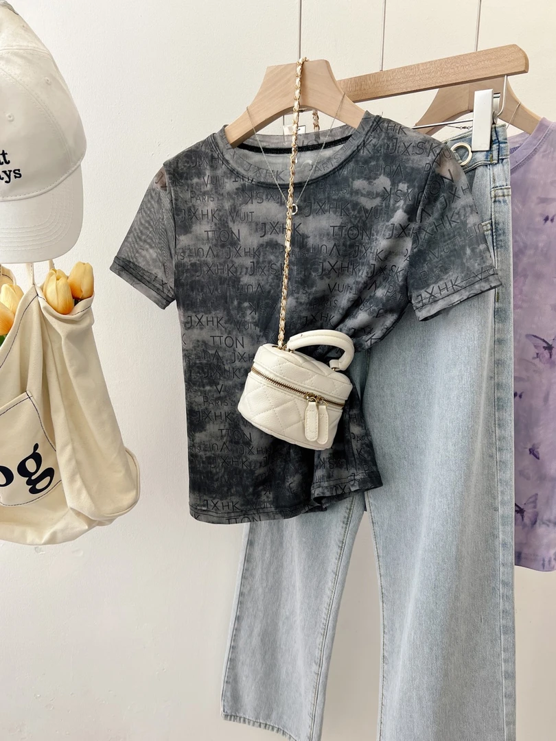 时尚扎染印花T恤女短袖夏季新款洋气圆领网纱上衣修身百搭小衫潮