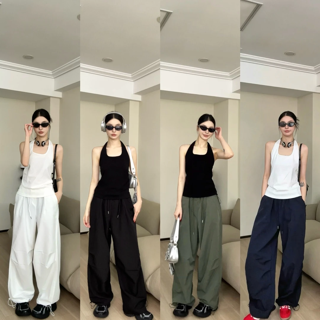 抽绳休闲裤女裤夏季工装裤宽松高腰长裤垂感直筒阔腿裤时尚拖地裤