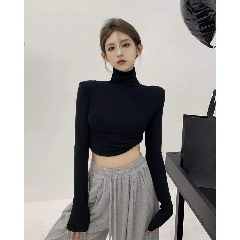 软糯磨毛加绒高领内搭T恤女春季垫肩长袖打底衫修身短款纯色上衣