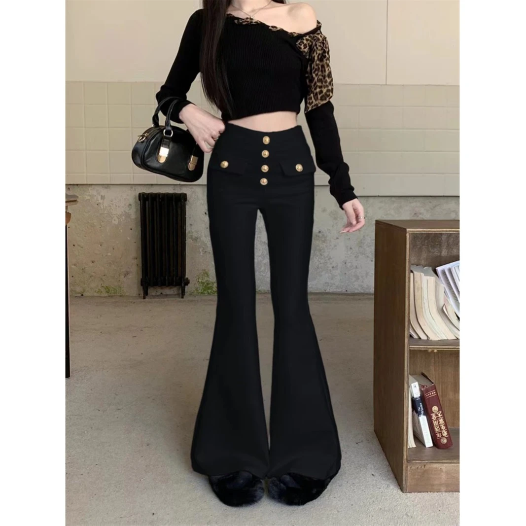 加绒加厚黑色微喇叭裤女秋季修身直筒裤高腰休闲裤子百搭拖地长裤