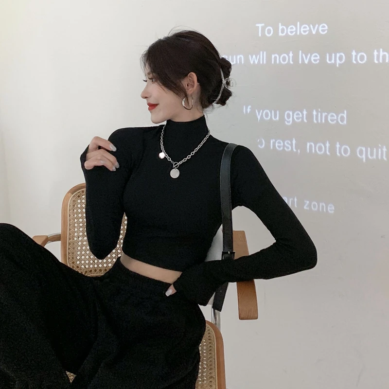 辣妹半高领黑色T恤加厚加绒长袖打底衫短款内搭露脐紧身上衣女春