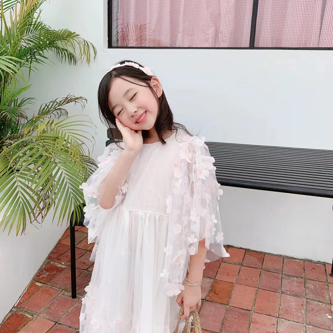 Bonpola女童连衣裙粉色网纱立体花朵刺绣洋气小女孩公主裙礼服