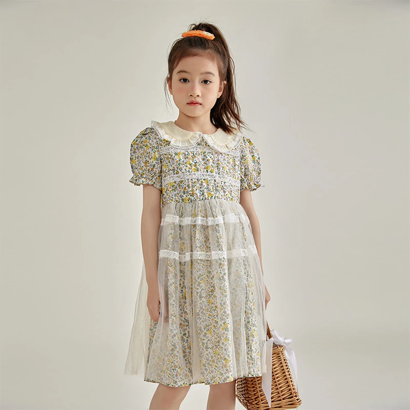 Bonpola女童连衣裙公主裙网纱洋气娃娃领法式棉布碎花森系裙子