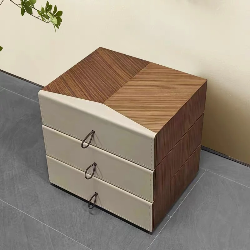 马鞍皮简约床头柜旋转功能三抽时尚大容量抽屉式储物家用客厅极简