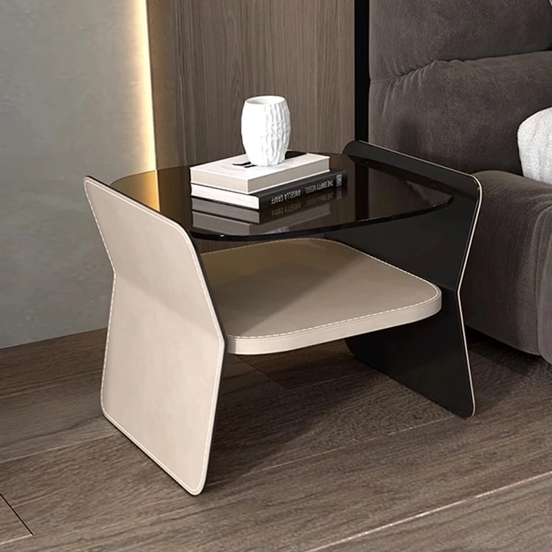 意式极简床头柜马鞍皮玻璃不锈钢创意镂空悬空卧室床边柜简约家用